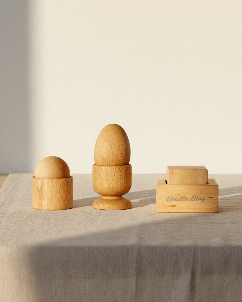 Egg, Ball & Cup i naturligt trä – Montessori-inspirerad leksak – Wooden Story
