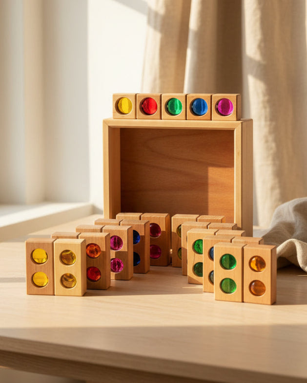 Färgbanor med ljusblock 25 delar i trä och akryl – Bauspiel
