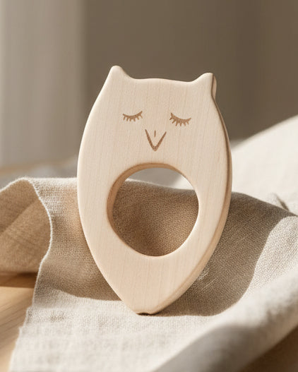 Bitring Uggla i naturligt trä – giftfri och CE-märkt – Wooden Story
